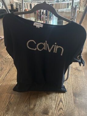 Calvin Klein Black Tee with Rhinestone 'Calvin' Logo